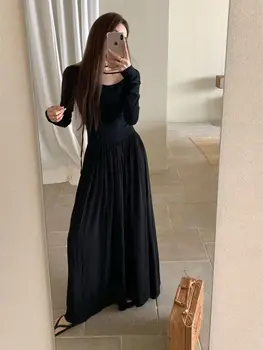 Платье с длинным рукавом и висячим вырезом, женское осеннее платье трапециевидной формы большого размера с застежкой на талии, тонкая элегантная черная длинная юбка 5