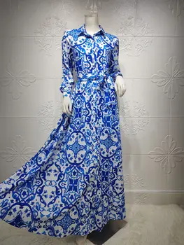 Мусульманское платье Макси Для женщин 2023, Элегантное Этническое Синее платье с цветочным принтом и длинным рукавом, Дубайские Арабские Абайи, Оманские Марокканские платья-кафтаны 5