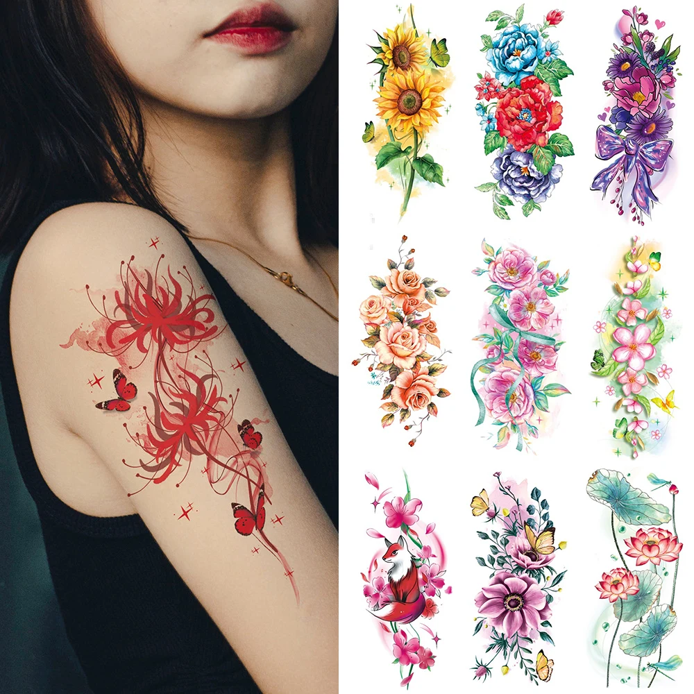 1 шт. Временные татуировки нарукавной повязки, водонепроницаемая временная татуировка, наклейка с цветочной татуировкой, женская татуировка на запястье, рукава для рук, татуировка поддельной девушки 0