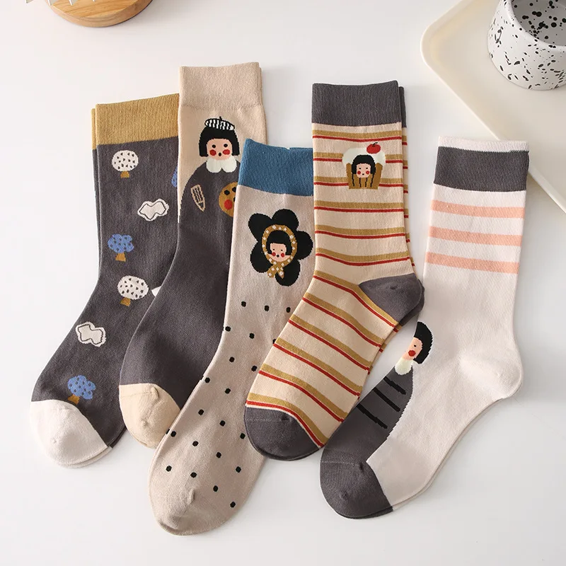 5 пар Осенне-зимних новых женских носков для девочек, модные и универсальные Дышащие носки из чистого хлопка с рисунком Каваи средней длины