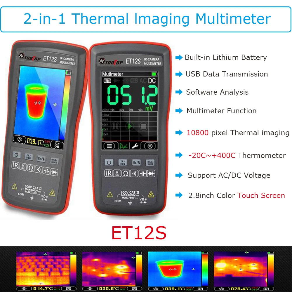 ET12S 2 в 1 Цифровой мультиметр, инфракрасный тепловизор, ручной сенсорный экран, тепловизионная камера с разрешением 10800 пикселей, термометр