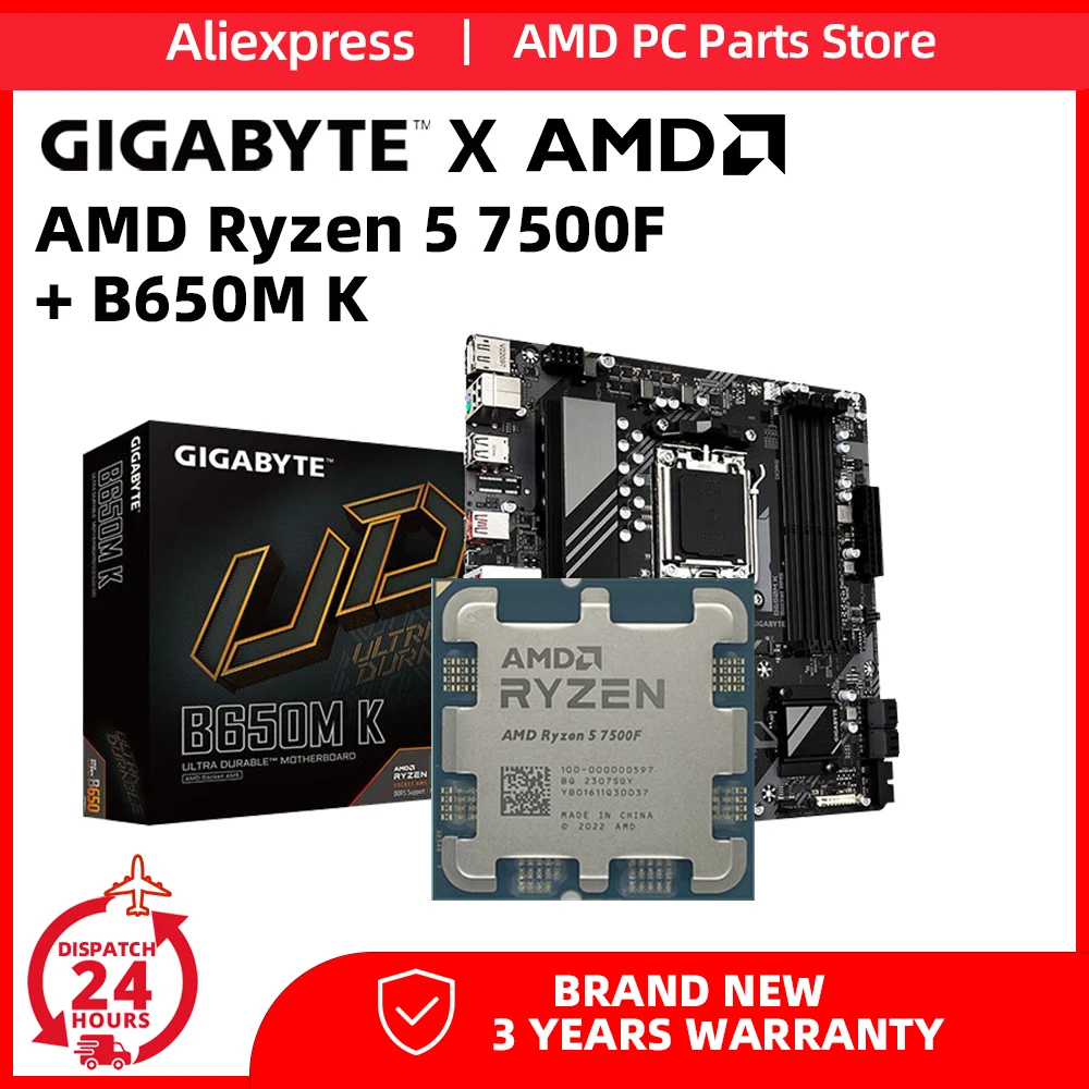 GIGABYTE B650M K с AMD Ryzen 5 7500F 마더보드 키트 Материнская плата AM5 / LGA 1718/ AMD / B650 / DDR5/ PCIe 4.0 M.2 и процессором R5 7500f 0