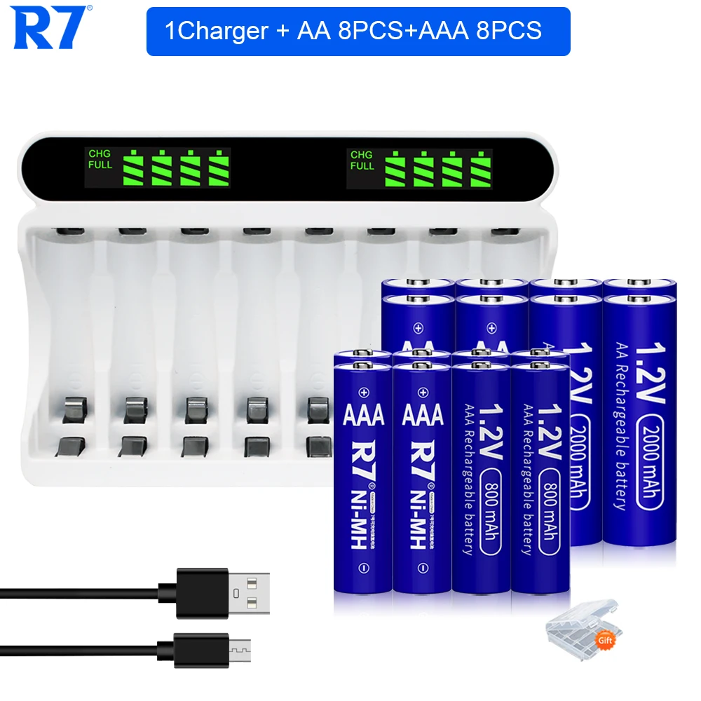 R7 (16 упаковок) 8шт аккумуляторная батарея 1.2 В AA 2000 мАч + 8шт Никель-металлогидридная батарея AAA 800 мАч и умное быстрое зарядное устройство AA / AAA