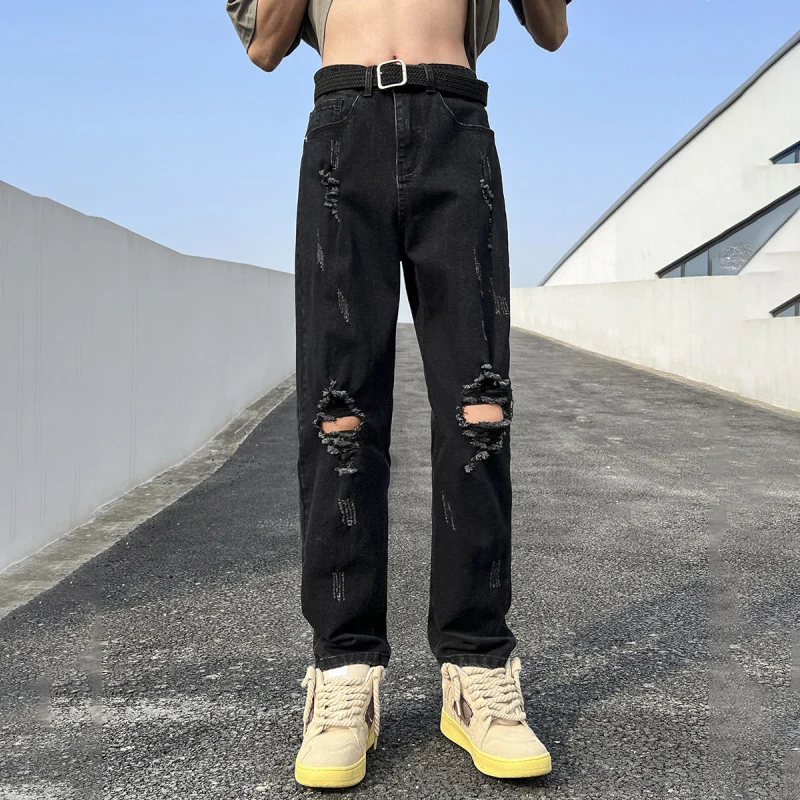 TFETTERS 2023 Летние Черные рваные джинсы, мужские поцарапанные Джинсы средней посадки в стиле панк с прямыми штанинами, Ретро Уличная мужская одежда