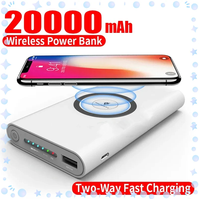 Беспроводное портативное зарядное устройство Power Bank с быстрой зарядкой емкостью 20000 мАч, подходящее для портативного внешнего зарядного устройства iPhone большой емкости.