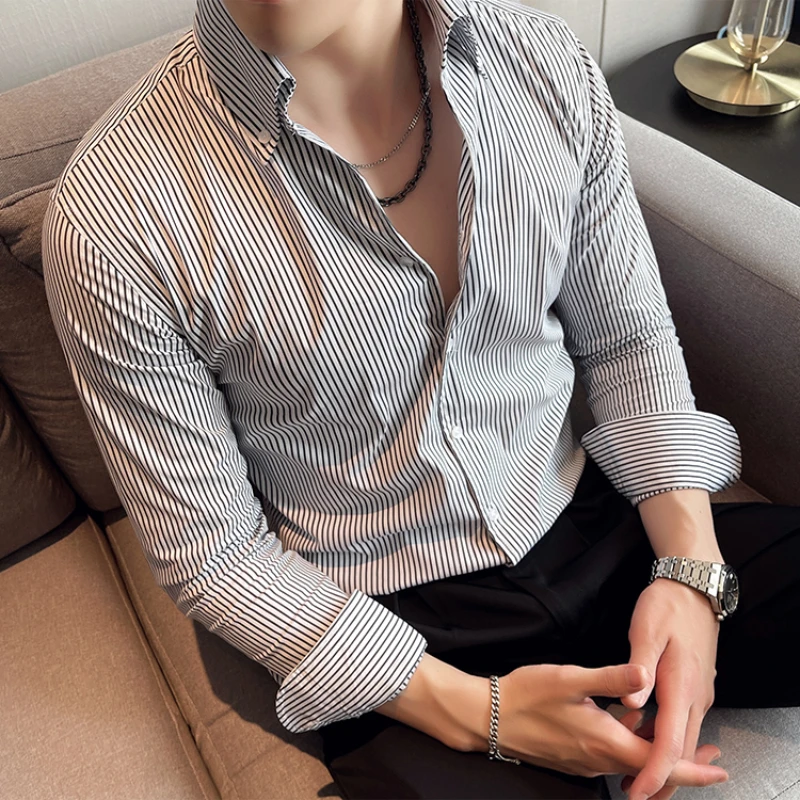 Высококачественная мужская рубашка в полоску с V-образным вырезом и длинными рукавами, облегающие повседневные рубашки, Модный воротник-стойка, деловая официальная рубашка для общения