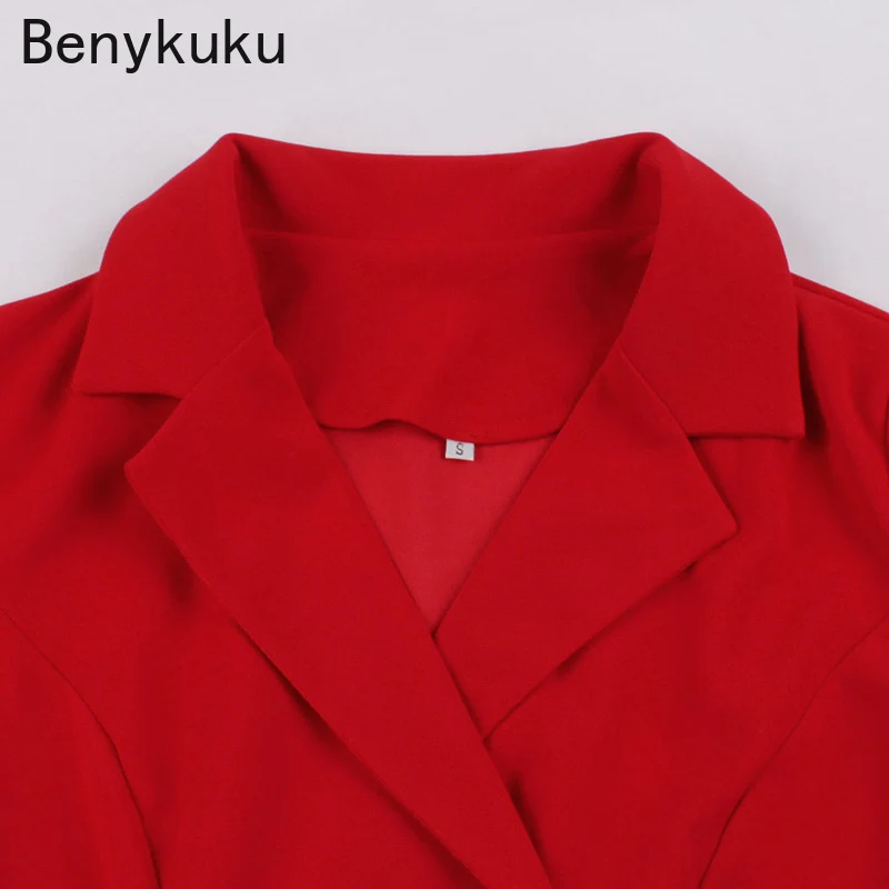 Двубортные Элегантные красные офисные женские платья 2023 года, Зубчатый воротник, Высокая талия, Женское весенне-летнее винтажное платье миди 2