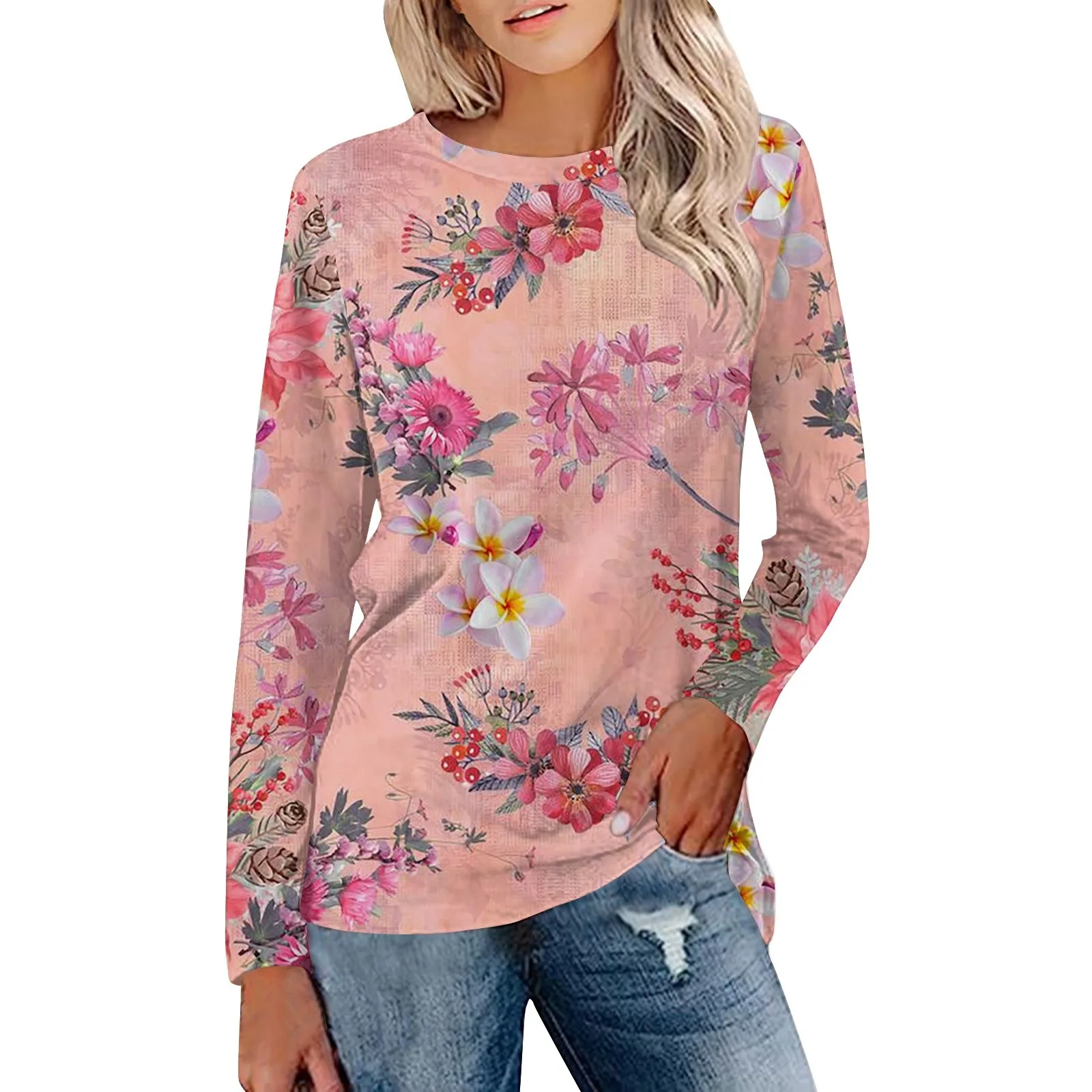 Женская модная повседневная футболка с цветочным принтом, длинным рукавом и круглым вырезом, топы, свободные, легкие, удобные, Мягкие топы, Ropa De Mujer