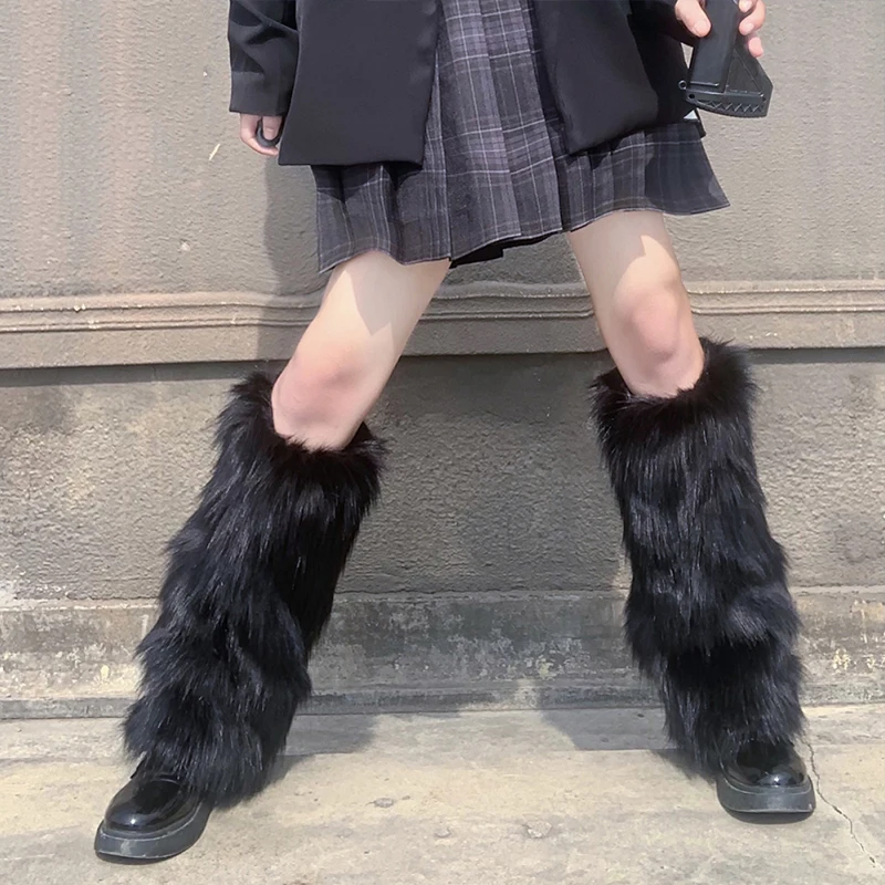 Женские гетры из искусственного меха, женские осенние леггинсы, чулки для девочек, ботинки в стиле Лолита Панк, утепляющие ноги из меха Харадзюку, Y2k