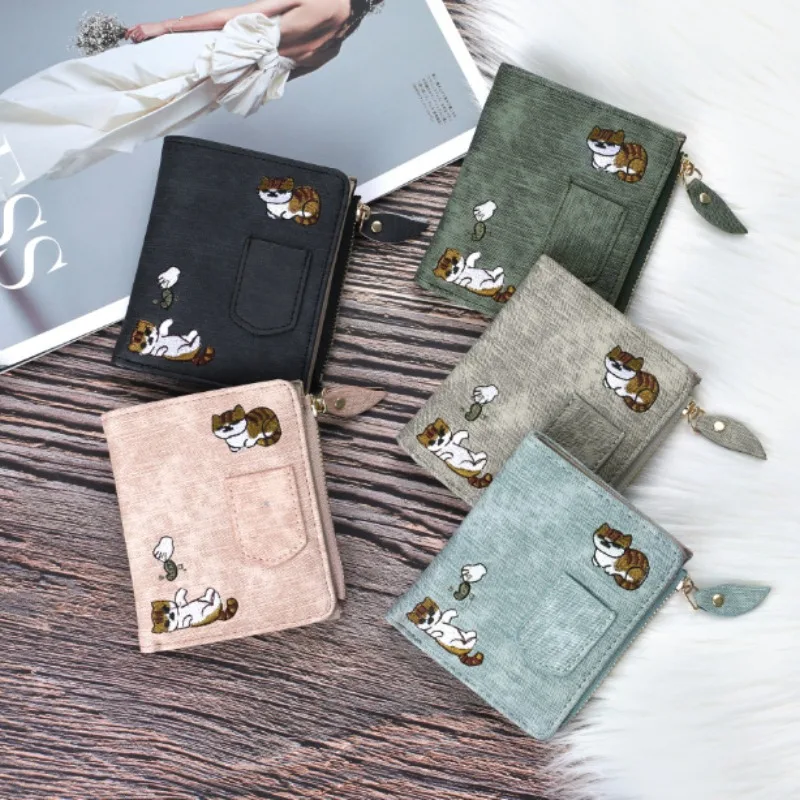 Женский короткий кошелек с вышивкой кошки в западном стиле, кошелек для монет на молнии, короткий женский кошелек, кавайный мини-держатель для карт для девочек