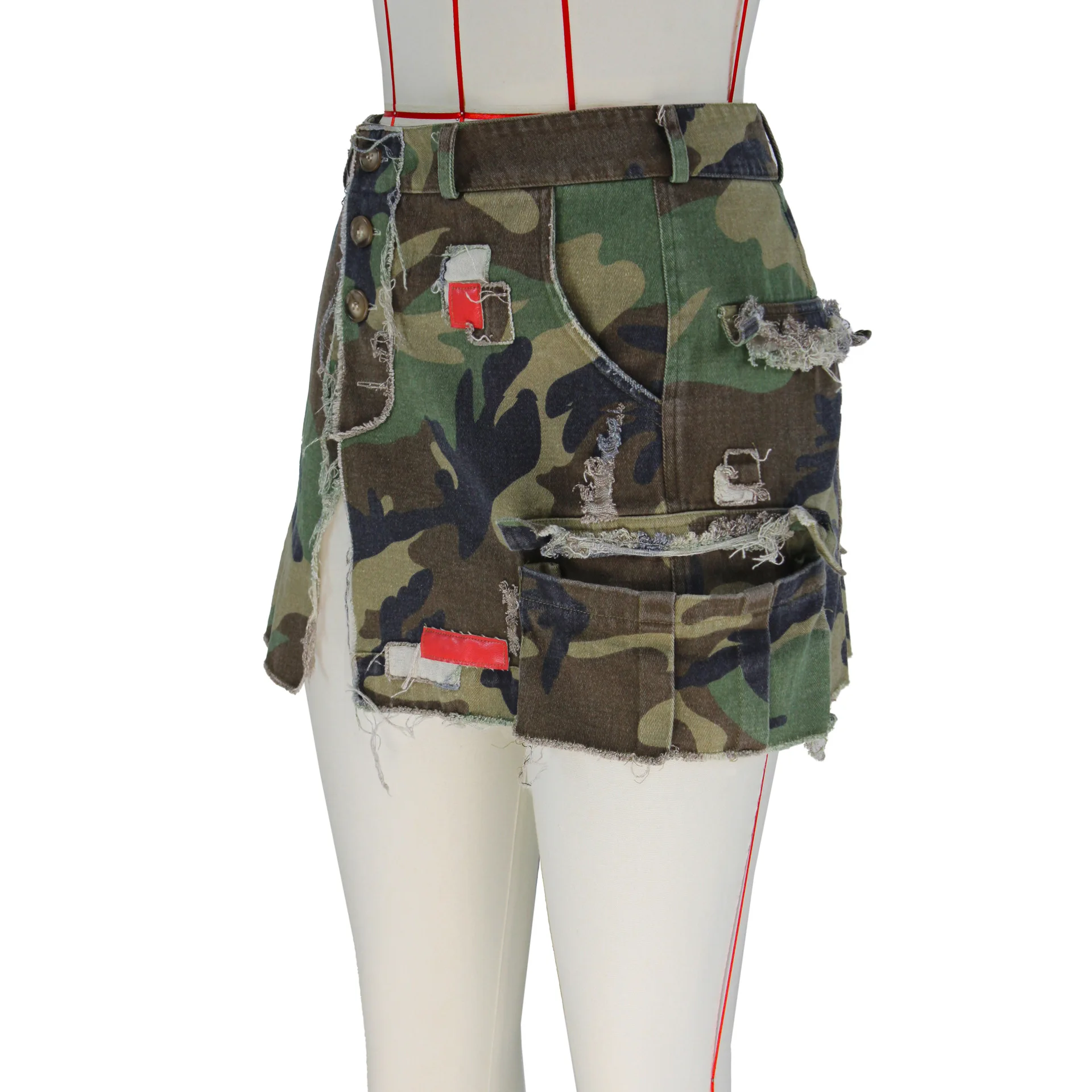 Летняя женская короткая юбка с разрезом, модная юбка с камуфляжными нашивками, одежда для юбок 4