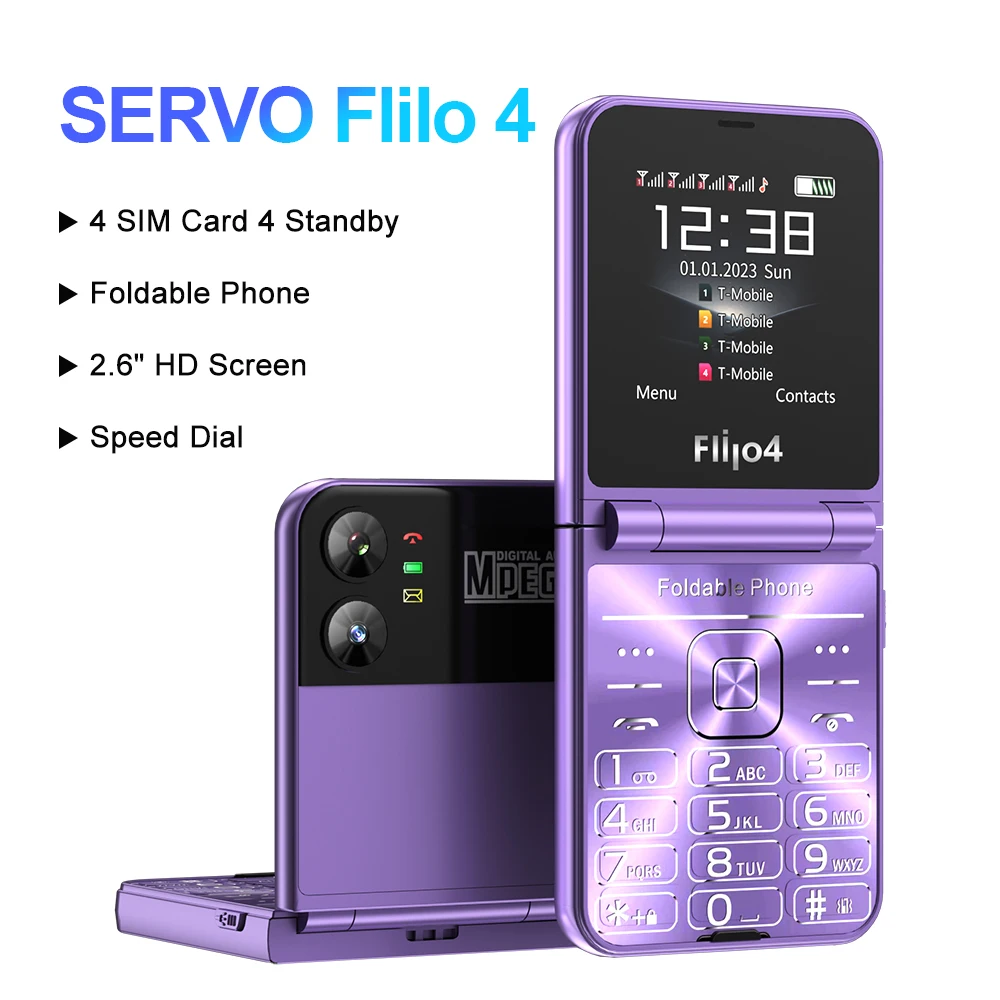 Мобильный телефон SERVO Flilo4 Flip с четырьмя SIM-картами, фонарик сотовой сети GSM, быстрый набор, волшебный голос, складной мобильный телефон, Низкая цена