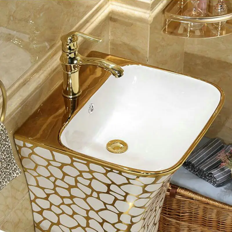 Мозаичная Золотая Великолепная Прямоугольная раковина на подставке, Керамическая раковина для ванной комнаты С подставкой, умывальник на подставке С переливом
