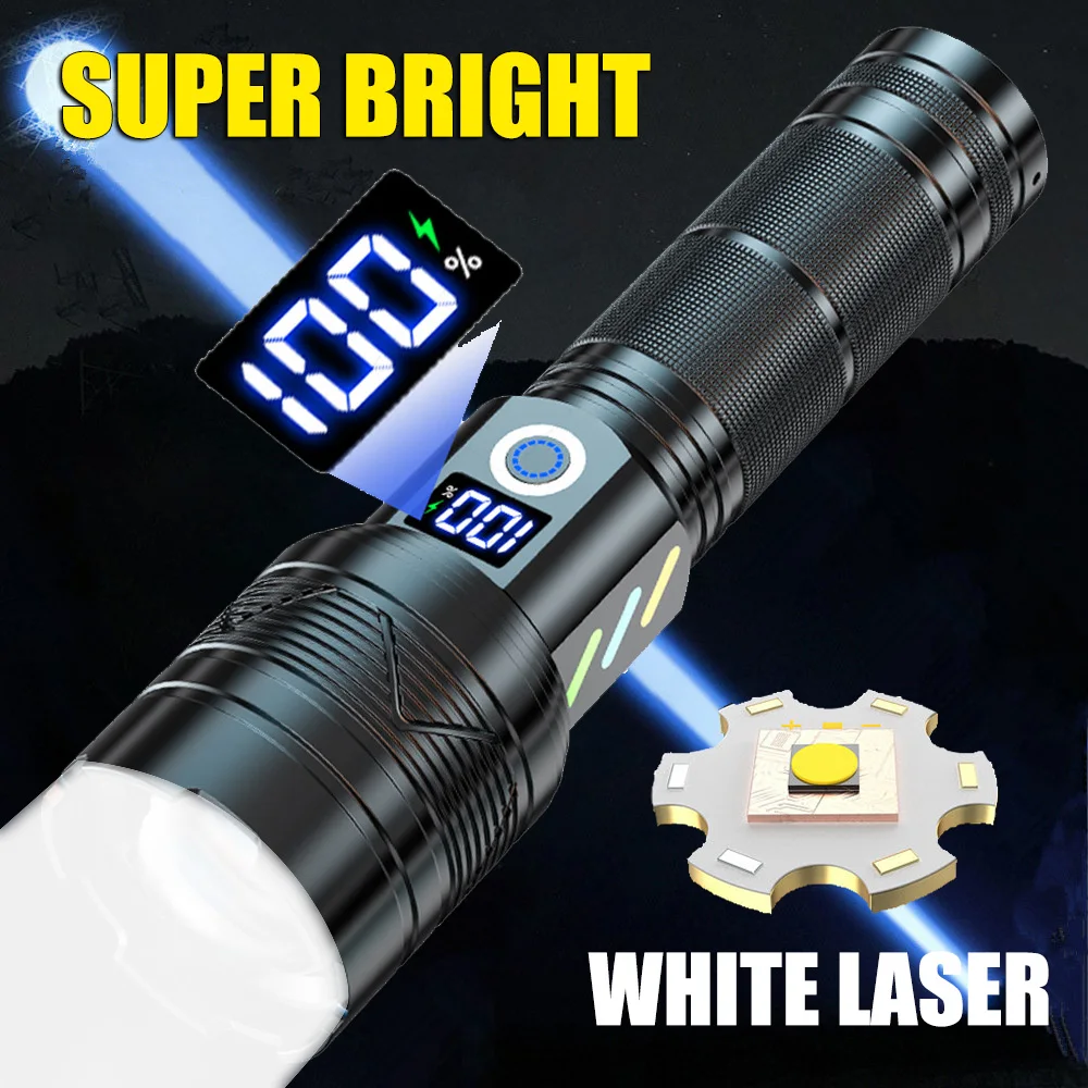 Мощный светодиодный фонарик Type-c с перезаряжаемым тактическим зумом, использующий батарею 26650, фонарь для кемпинга и рыбалки с дисплеем мощности