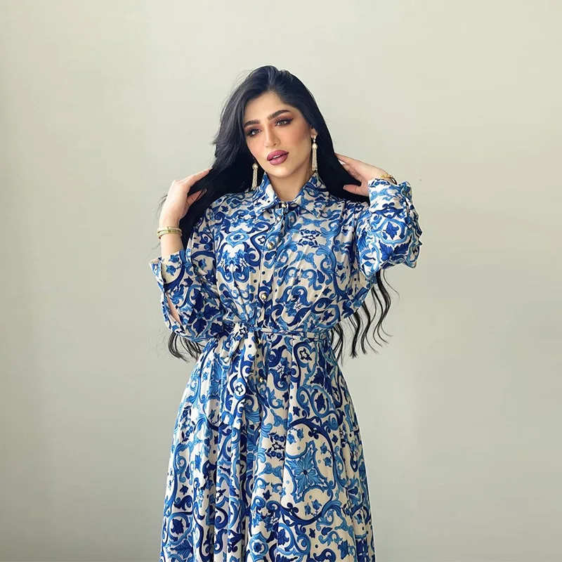 Мусульманское платье Макси Для женщин 2023, Элегантное Этническое Синее платье с цветочным принтом и длинным рукавом, Дубайские Арабские Абайи, Оманские Марокканские платья-кафтаны 3