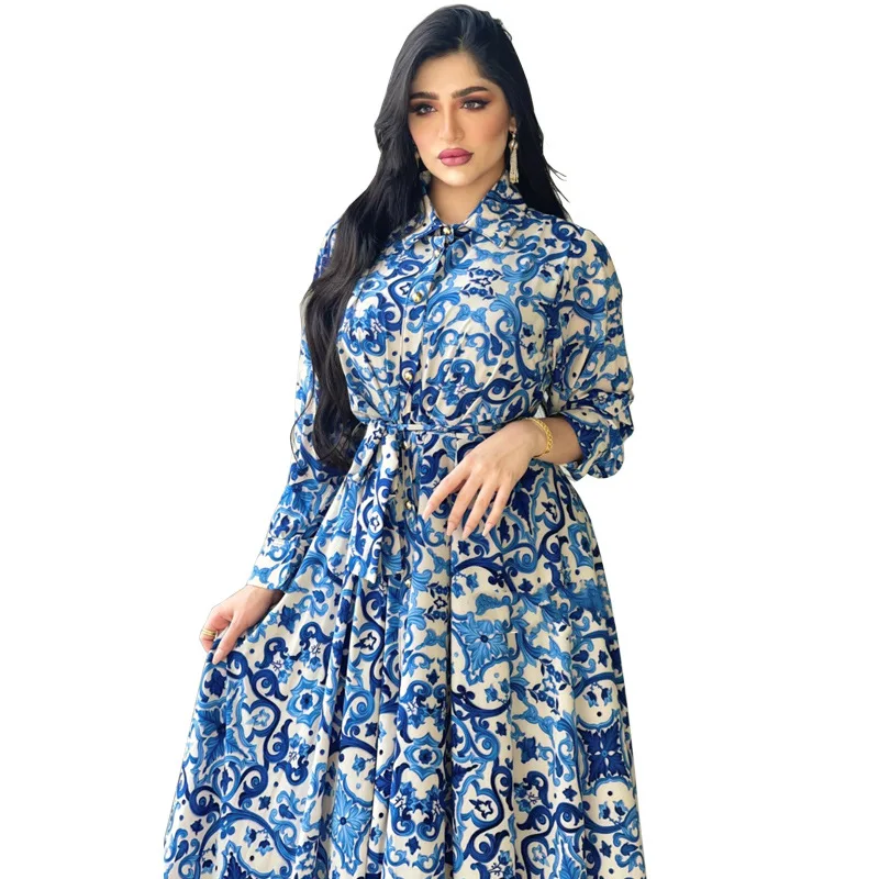 Мусульманское платье Макси Для женщин 2023, Элегантное Этническое Синее платье с цветочным принтом и длинным рукавом, Дубайские Арабские Абайи, Оманские Марокканские платья-кафтаны 4