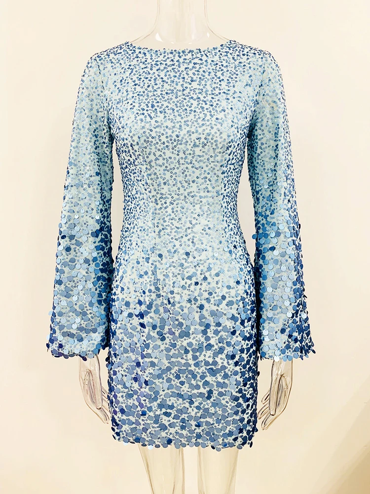Новинка 2023 года, дизайнерская женская мода, облегающее Шифоновое платье с расклешенными рукавами, расшитое блестками и бисером. 0