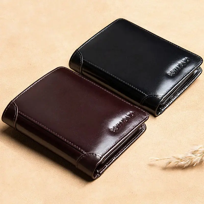 Новый дизайн, RFID мужской кошелек из натуральной кожи, винтажный черный кошелек для мужчин, мини-держатель для карт, мужской короткий кошелек с 3 складками