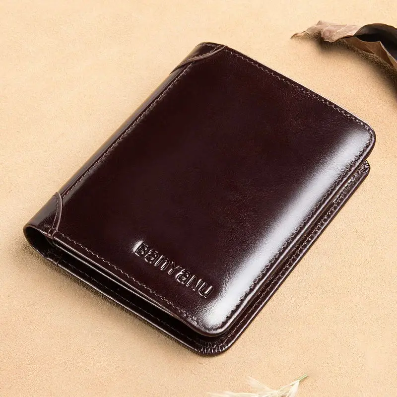 Новый дизайн, RFID мужской кошелек из натуральной кожи, винтажный черный кошелек для мужчин, мини-держатель для карт, мужской короткий кошелек с 3 складками 3