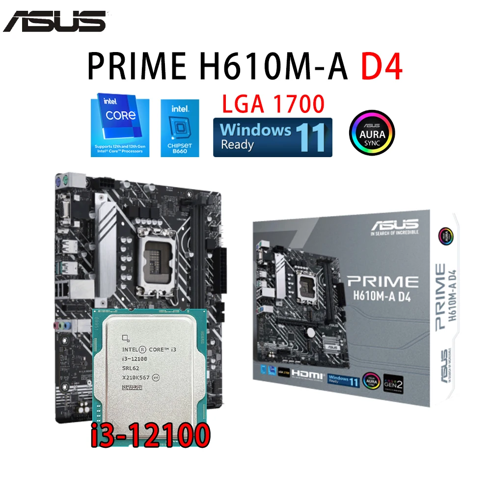 НОВЫЙ процессор lntel Core i3 12100 + материнская плата ASUS PRIME H610M-A D4 DDR4 LGA 1700 PCI-E 4.0 Intel H610 Micro ATX Desktop CPU Kit