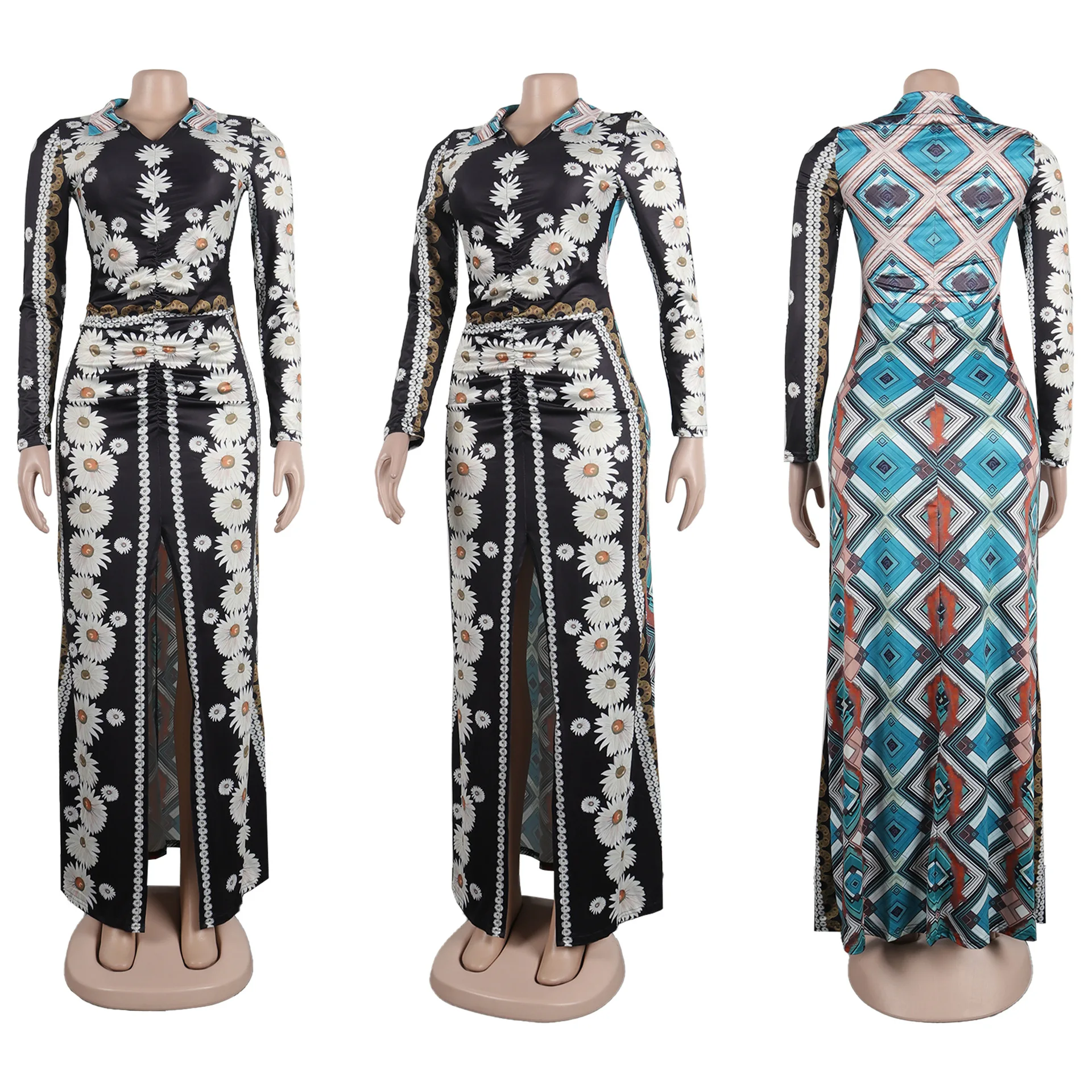 СМ. YAYA, женское макси-длинное платье с геометрическим принтом подсолнуха, длинным рукавом, разрезом спереди, 2023, Летняя уличная мода, платья Vestidos 2