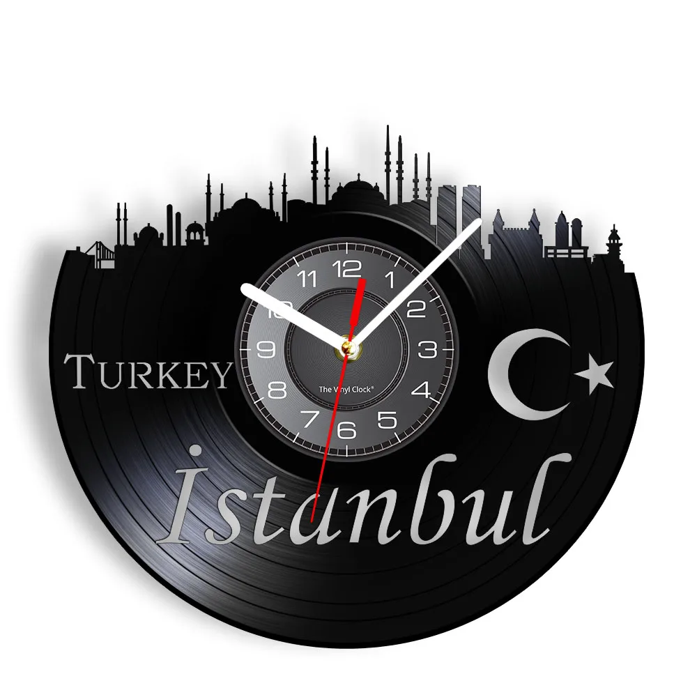 Стамбул, Турецкий Городской пейзаж, Виниловая пластинка, настенные часы, Городской пейзаж, декор для домашнего офиса, Бесшумные часы, работы с Луной и звездами из Турции
