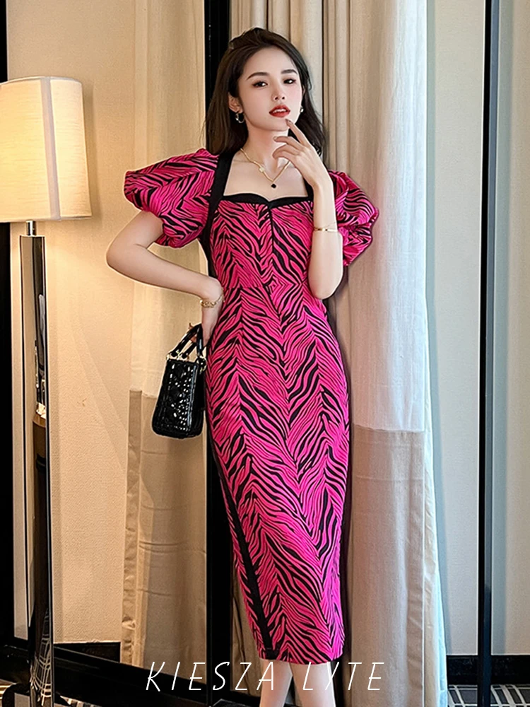 Стильное летнее платье 2023 года, новое модное платье с элегантным художественным принтом зебры, рукава-фонарики, офисные сексуальные тонкие платья в стиле ретро 0