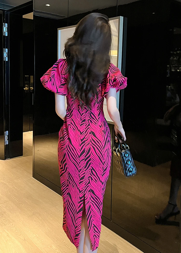 Стильное летнее платье 2023 года, новое модное платье с элегантным художественным принтом зебры, рукава-фонарики, офисные сексуальные тонкие платья в стиле ретро 5