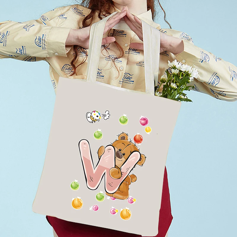 Сумка через плечо с рисунком 26 Медведей и алфавитом для девочек, женские холщовые сумки с мультяшным рисунком, сумка-тоут с милым Медведем, повседневная сумка для покупок, женские сумки с буквами