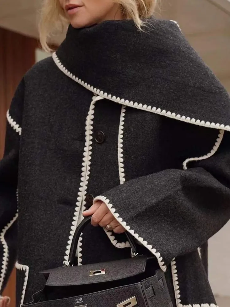 Хит продаж, Шерстяное Пальто с воротником-шарфом и кисточками, Вязаное Крючком, Свободное Черное Пальто Для Женщин