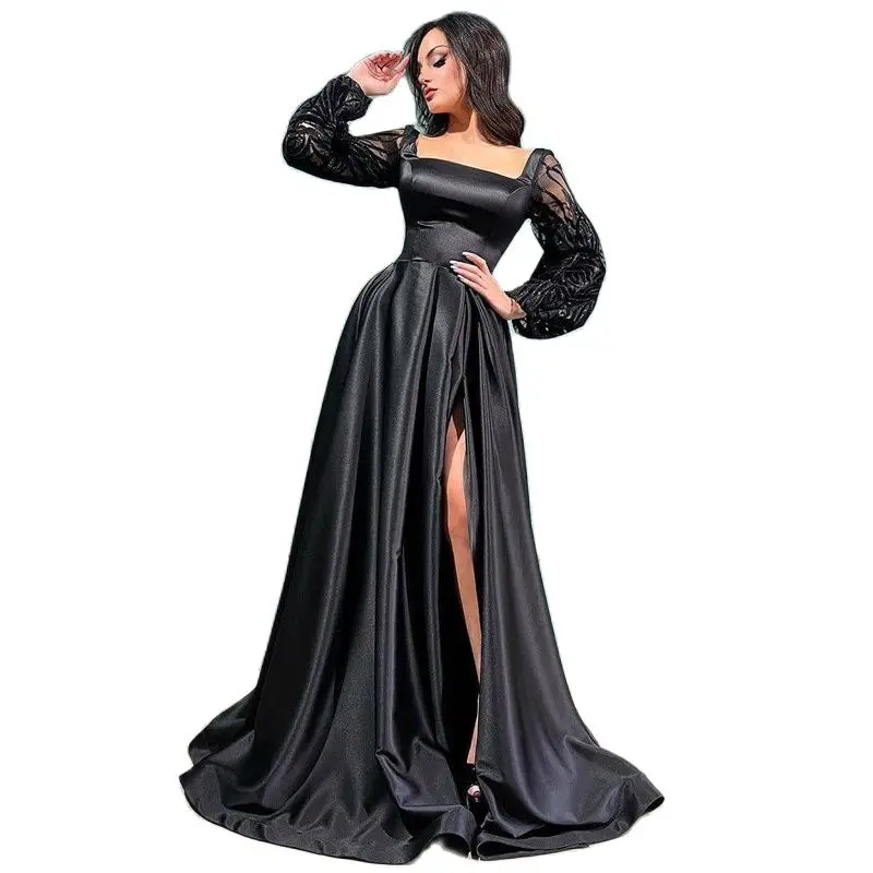 Черное Атласное платье для выпускного вечера с высоким разрезом 2023, квадратный воротник, Пышные Длинные рукава, Вечернее платье для вечеринки в Саудовской Аравии, Дубае, длина до пола